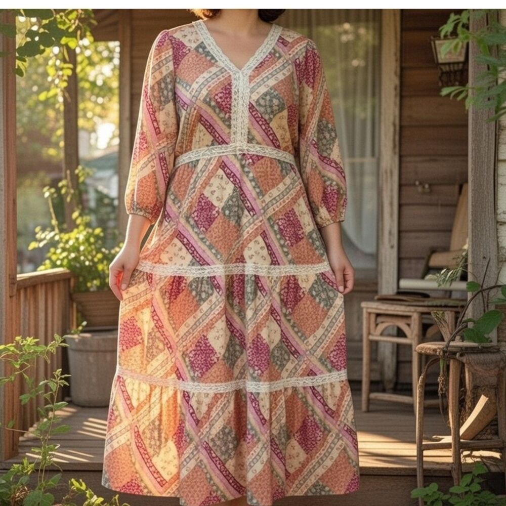 Hayden Los Angeles Patchwork Maxi Dress in Peach, Pink & Green